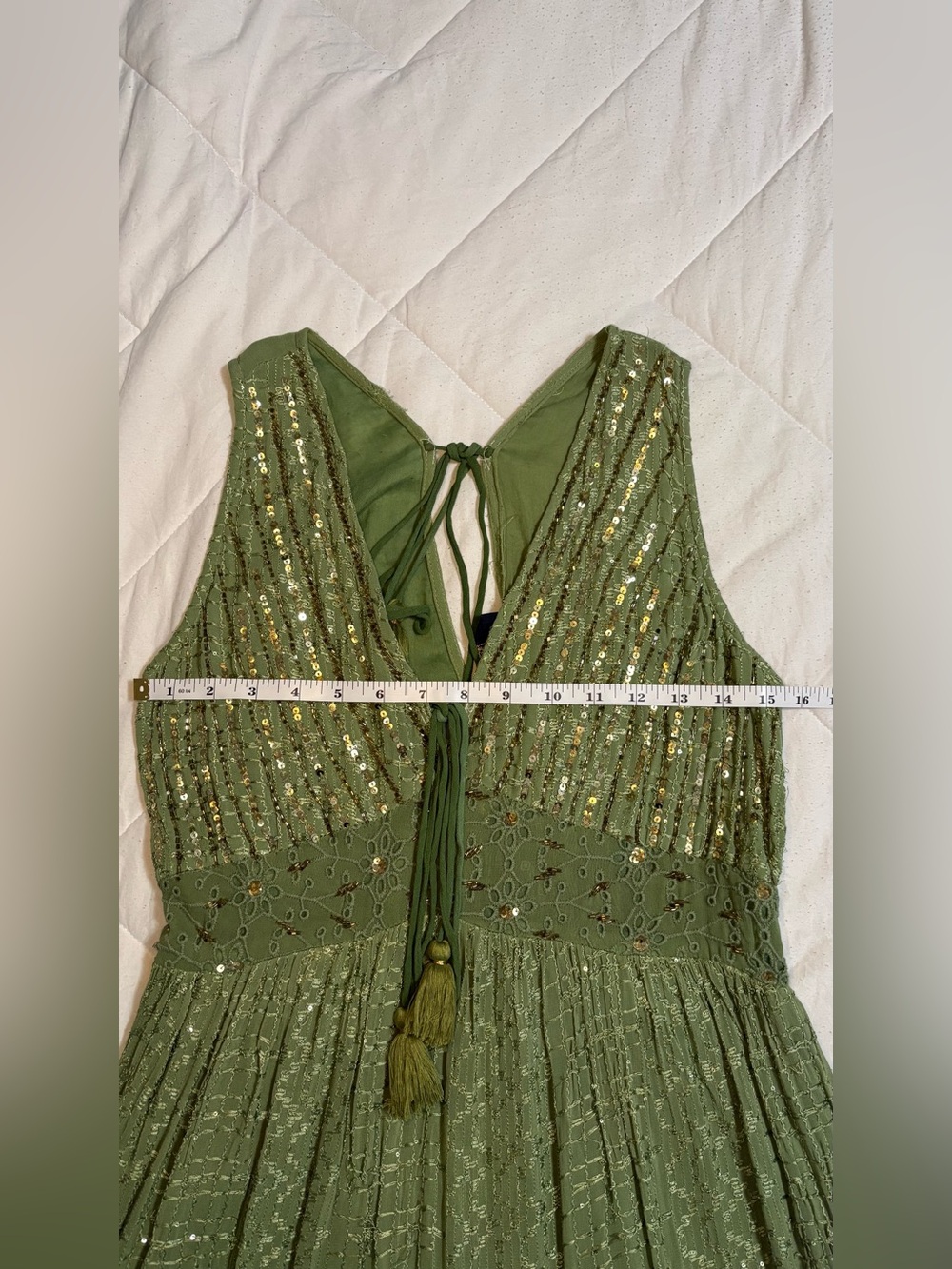 NWT Gorgeous Sage Green and Gold Resort Luxe Tiered Embellished Maxi Dress - Picture 12 of 16
